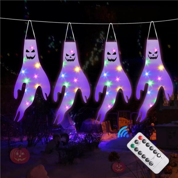 Halloween Decorations Ghost Windscoks Lights 19.4Ft Outdoor Hanging Ghost Lights - Picture 1 of 8